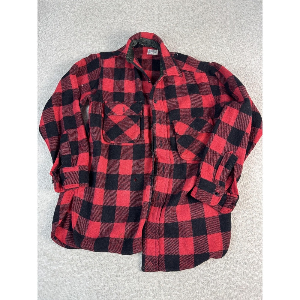 Vintage Towncraft Penneys Jacket Mens Medium Red Black Wool Buffalo Plaid 60s
